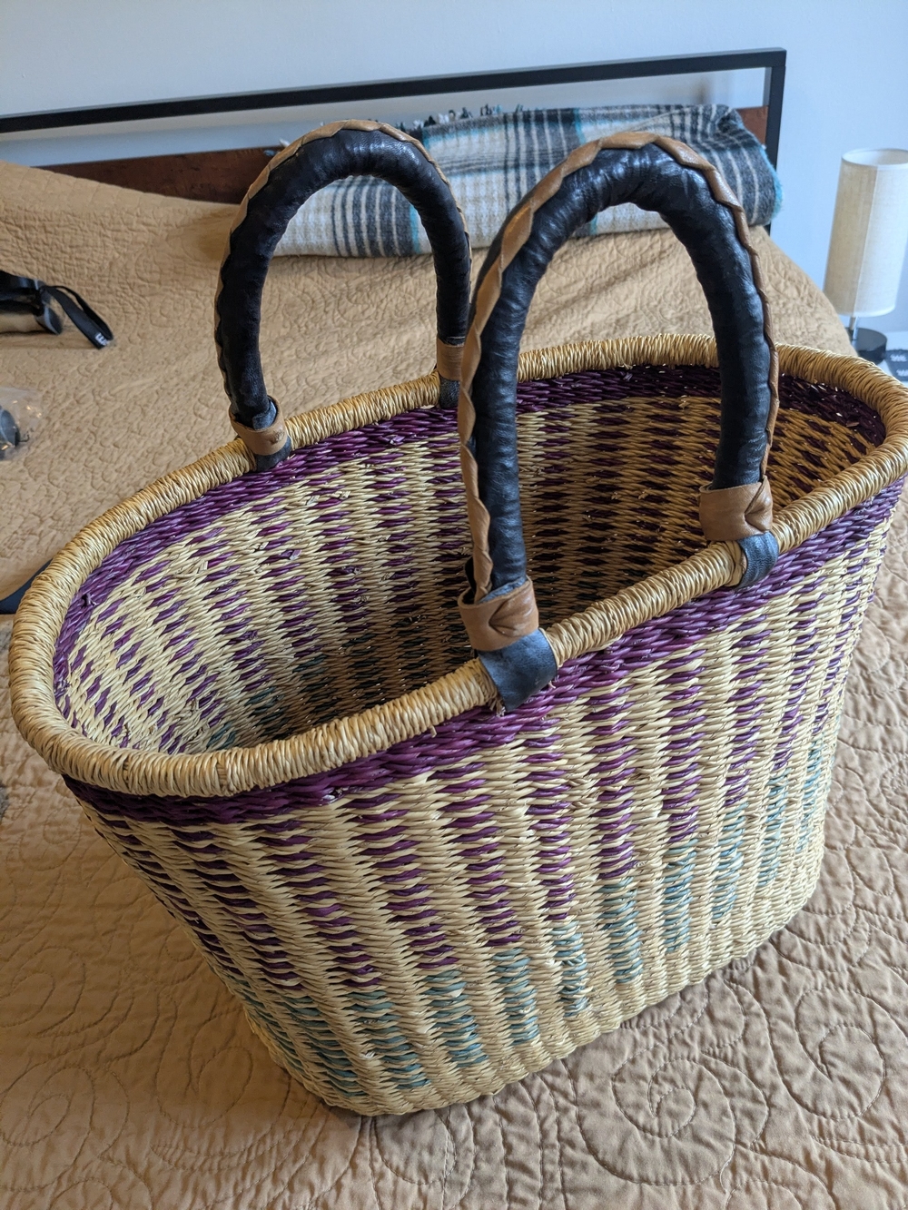 Woven Multicolor Straw Tote Bag with Black Leather Wrapped Handles